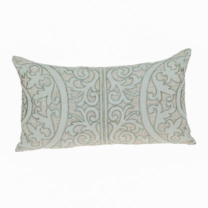 14" X 24" Beige and Green Linen Lumbar Throw Pillow with Embroidery