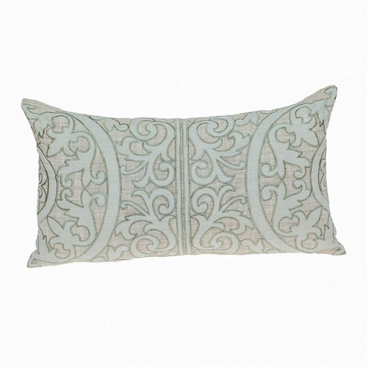 14" X 24" Beige and Green Linen Lumbar Throw Pillow with Embroidery