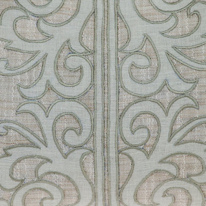14" X 24" Beige and Green Linen Lumbar Throw Pillow with Embroidery