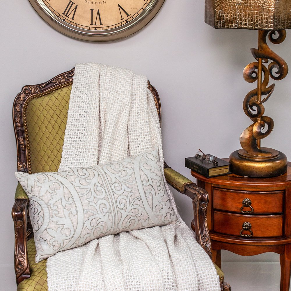 14" X 24" Beige and Green Linen Lumbar Throw Pillow with Embroidery