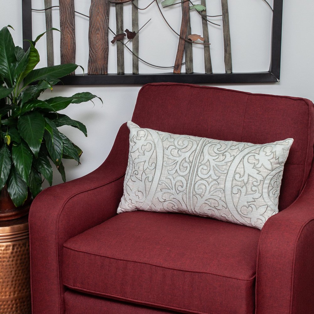 14" X 24" Beige and Green Linen Lumbar Throw Pillow with Embroidery