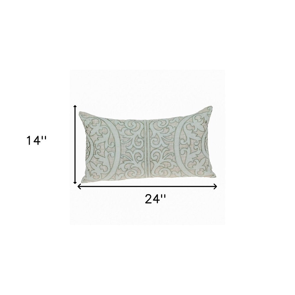 14" X 24" Beige and Green Linen Lumbar Throw Pillow with Embroidery