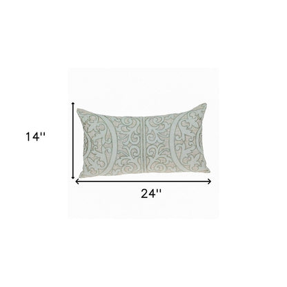 14" X 24" Beige and Green Linen Lumbar Throw Pillow with Embroidery