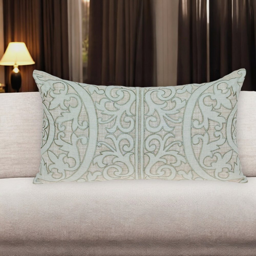 14" X 24" Beige and Green Linen Lumbar Throw Pillow with Embroidery