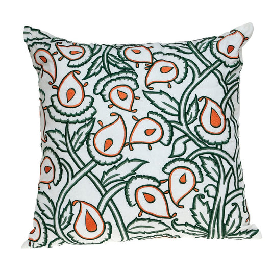 22" Green And White Floral Cotton Throw Pillow with Embroidery