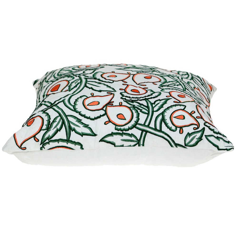 22" Green And White Floral Cotton Throw Pillow with Embroidery