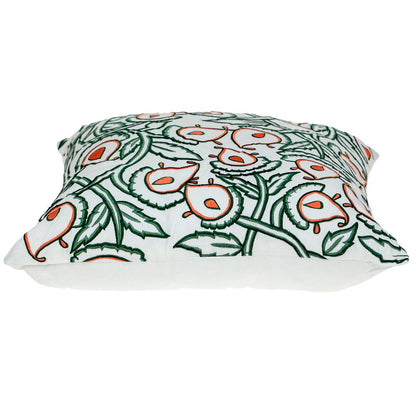 22" Green And White Floral Cotton Throw Pillow with Embroidery