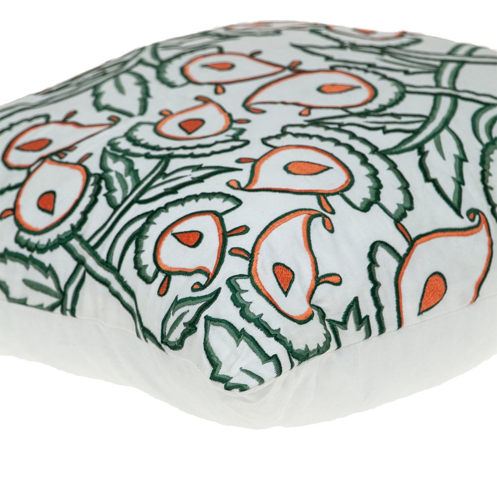 22" Green And White Floral Cotton Throw Pillow with Embroidery