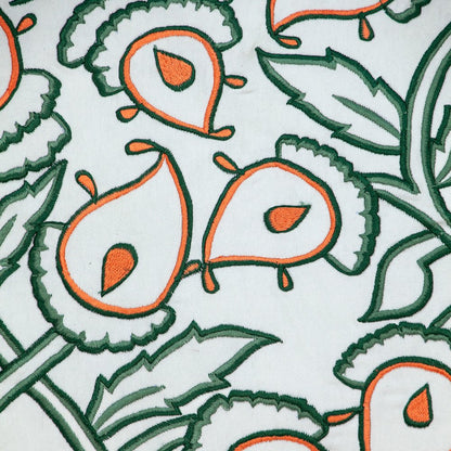 22" Green and White Cotton Throw Pillow with Embroidery