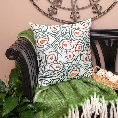 22" Green and White Cotton Throw Pillow with Embroidery