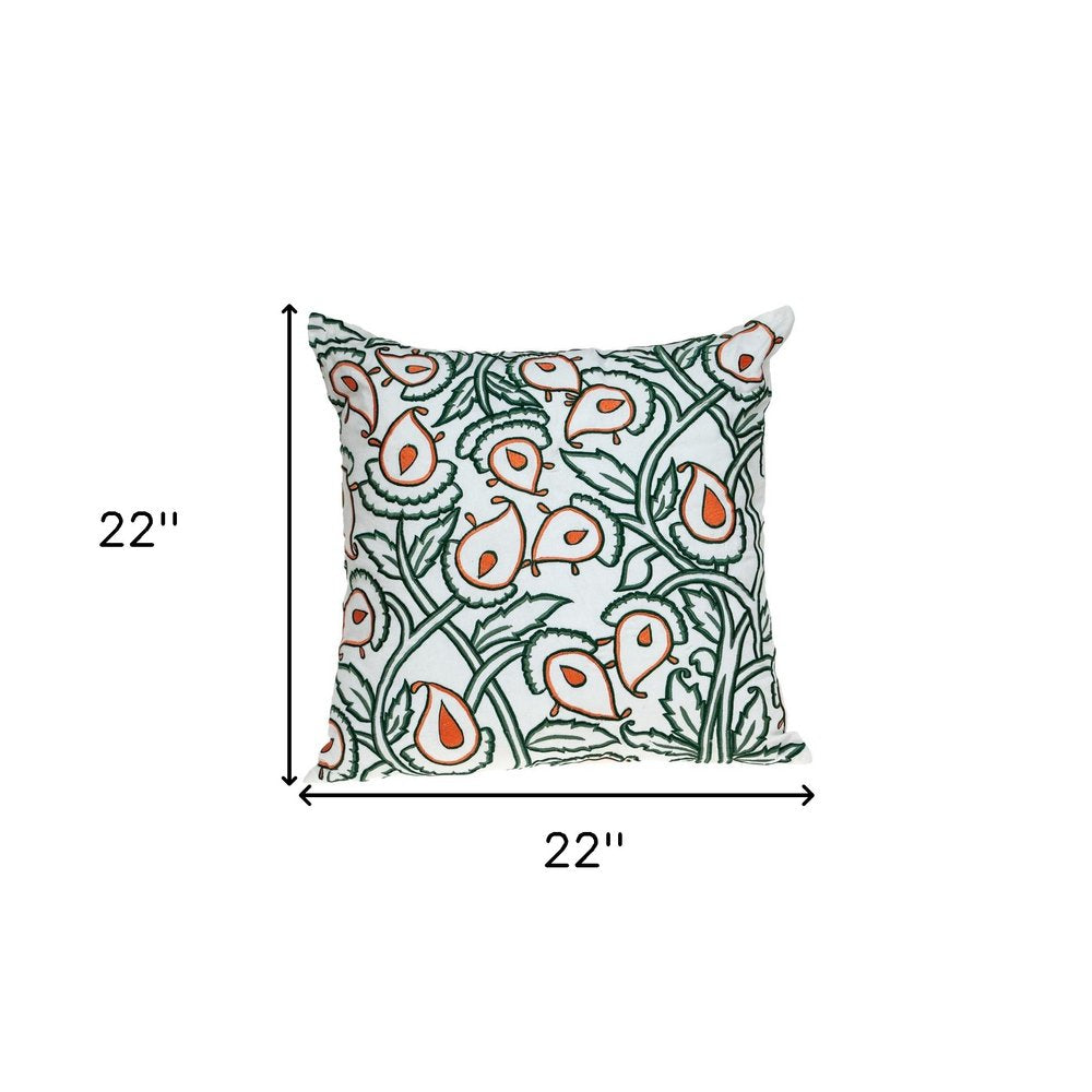 22" Green And White Floral Cotton Throw Pillow with Embroidery