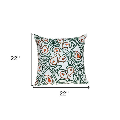 22" Green And White Floral Cotton Throw Pillow with Embroidery