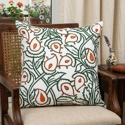22" Green And White Floral Cotton Throw Pillow with Embroidery