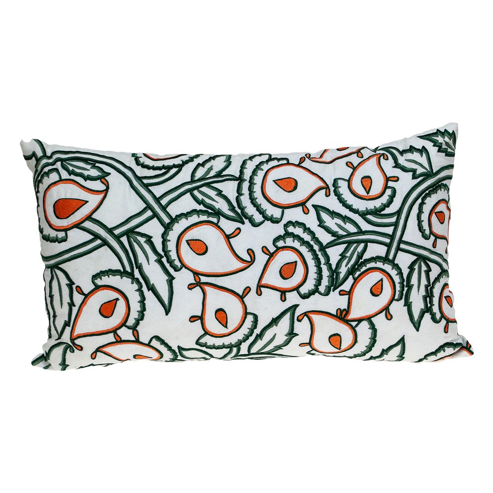 14" X 24" Green and White Cotton Lumbar Throw Pillow with Embroidery