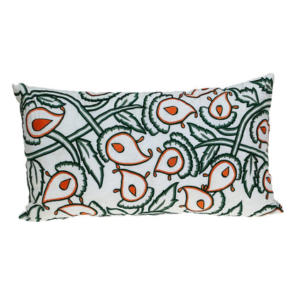 14" X 24" Green and White Cotton Lumbar Throw Pillow with Embroidery