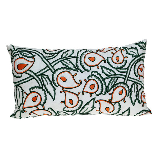 14" X 24" Green and White Cotton Lumbar Throw Pillow with Embroidery