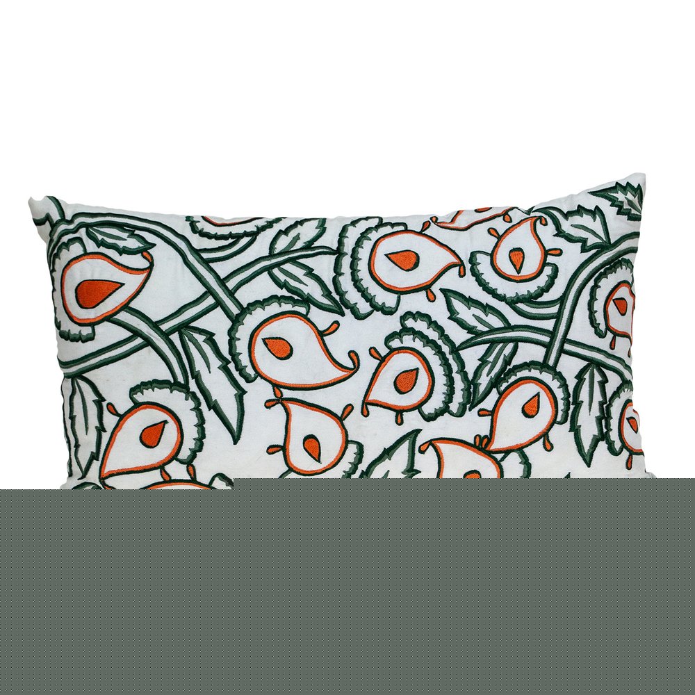 14" X 24" Green and White Cotton Lumbar Throw Pillow with Embroidery