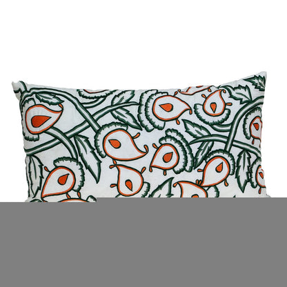14" X 24" Green and White Cotton Lumbar Throw Pillow with Embroidery