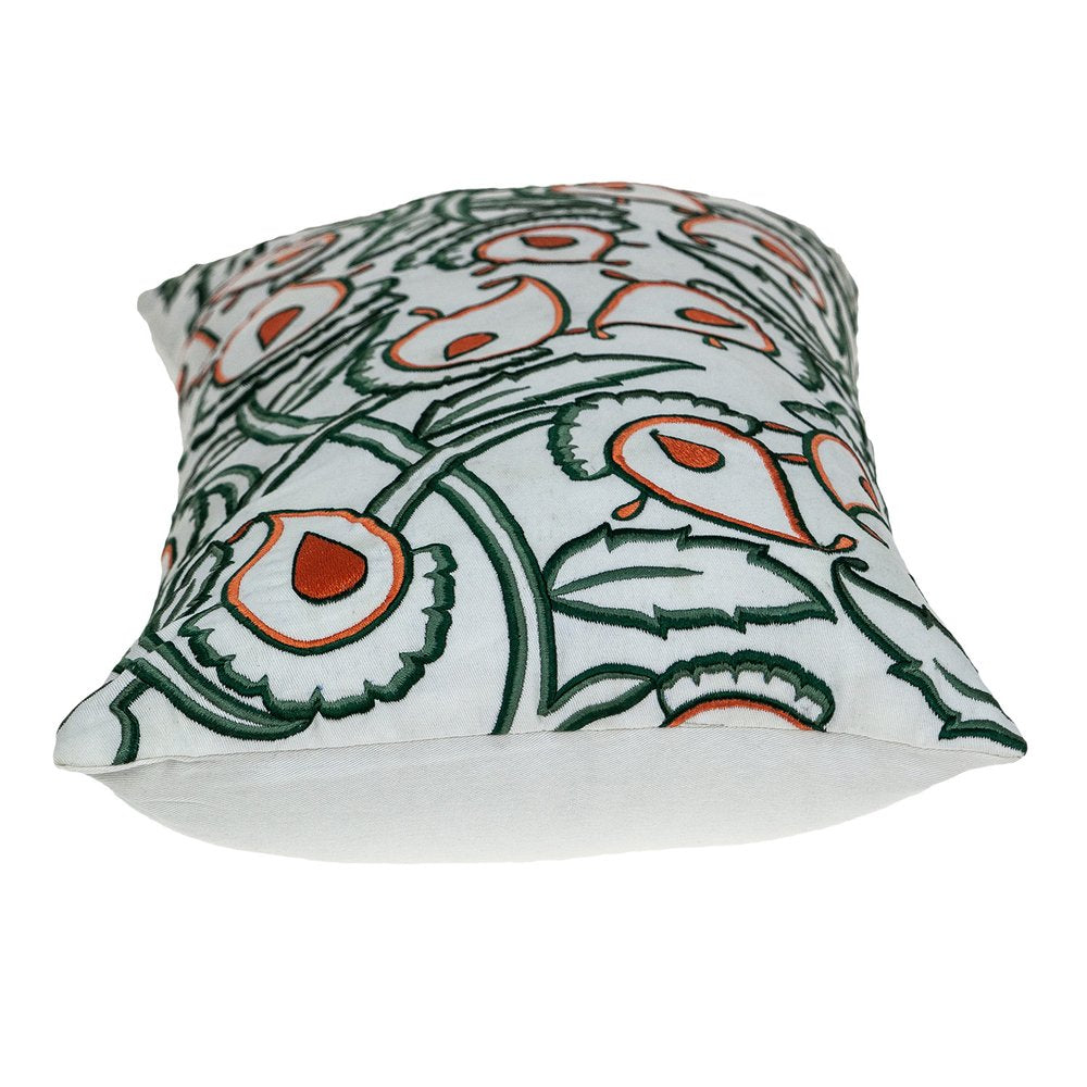 14" X 24" Green and White Cotton Lumbar Throw Pillow with Embroidery