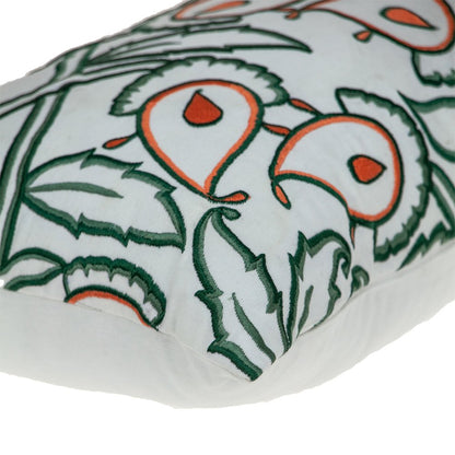 14" X 24" Green and White Cotton Lumbar Throw Pillow with Embroidery