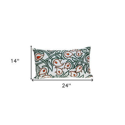 14" X 24" Green and White Cotton Lumbar Throw Pillow with Embroidery