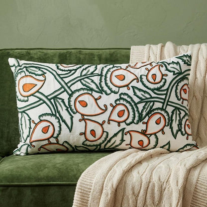 14" X 24" Green and White Cotton Lumbar Throw Pillow with Embroidery
