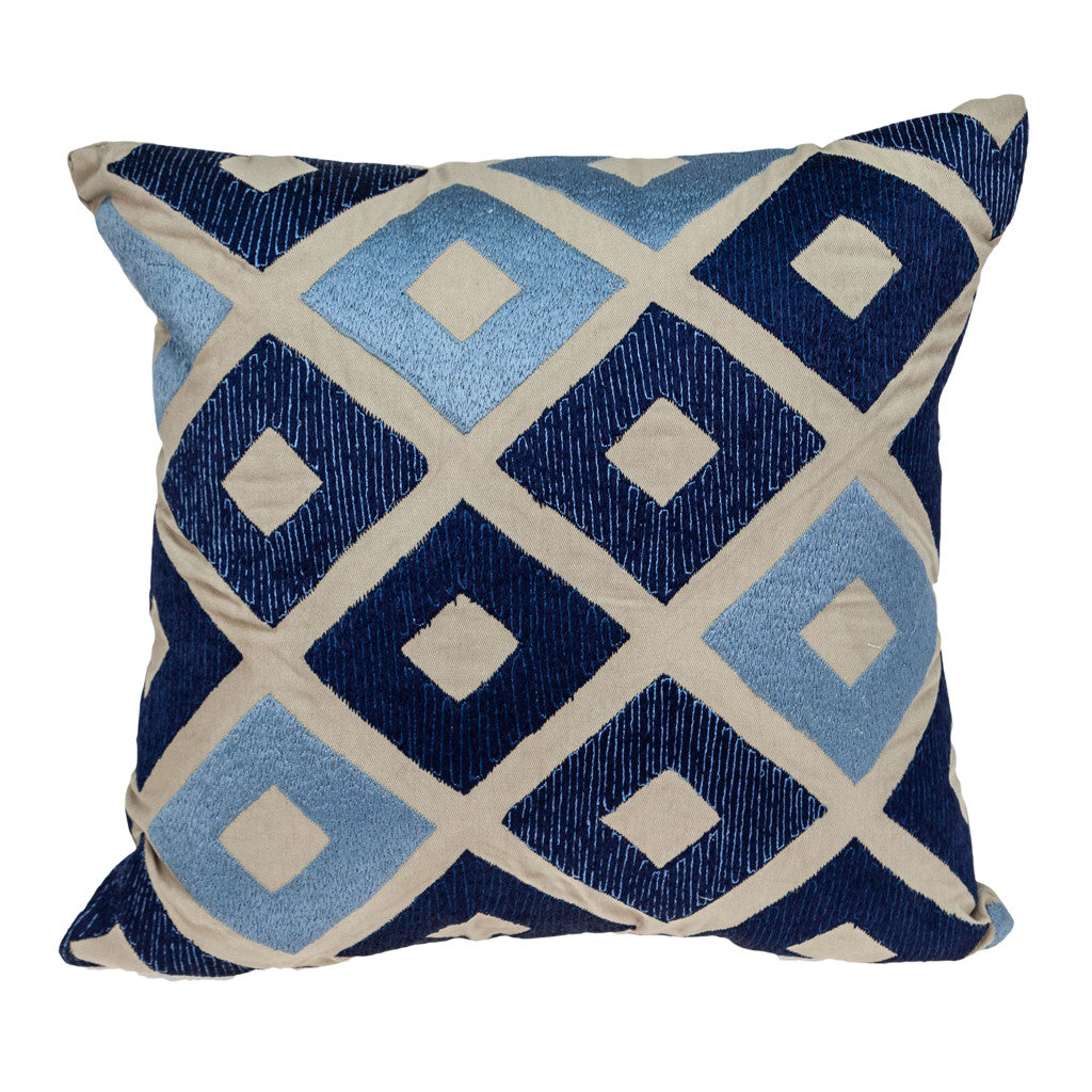 18" Beige and Blue Diamond Cotton Throw Pillow With Embroidery