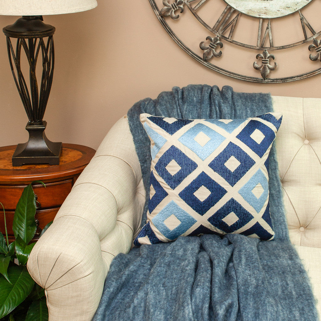 18" Beige and Blue Diamond Cotton Throw Pillow With Embroidery