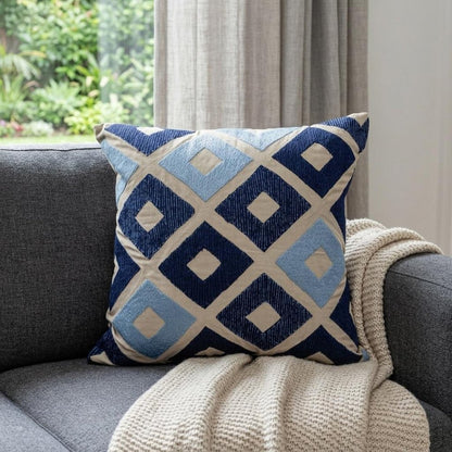 18" Beige and Blue Diamond Cotton Throw Pillow With Embroidery