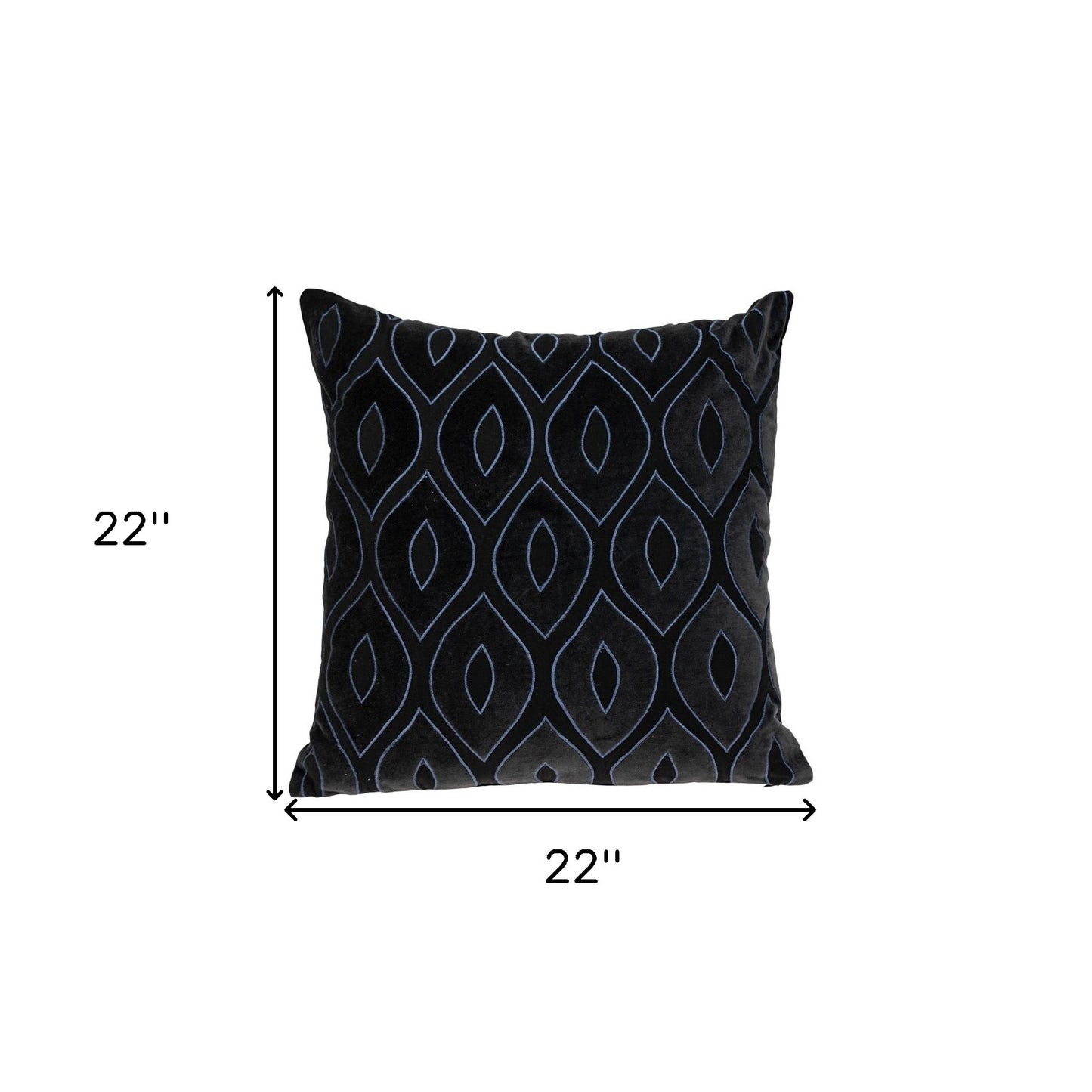 22" Black and Blue Ogee Cotton Throw Pillow with Embroidery and Applique