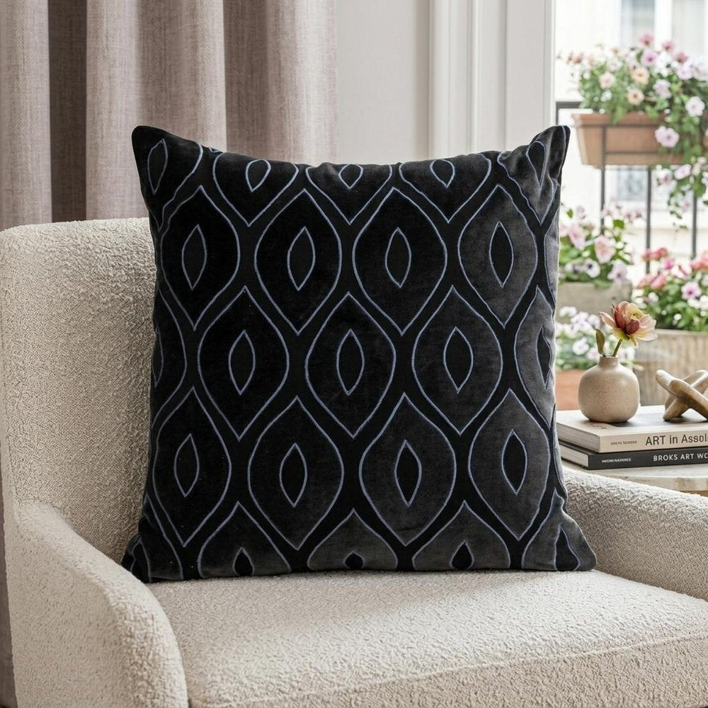 22" Black and Blue Ogee Cotton Throw Pillow with Embroidery and Applique
