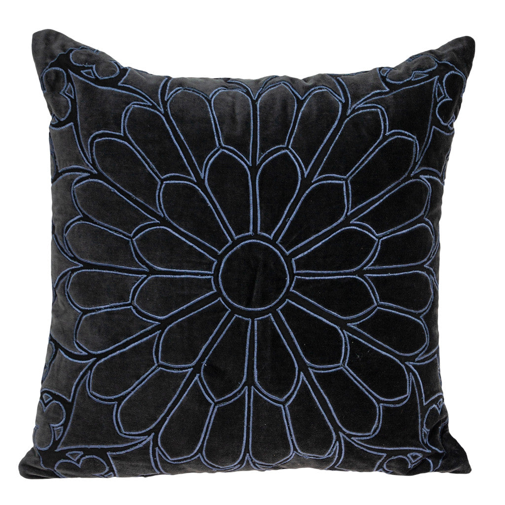 22" Black and Blue Floral Cotton Throw Pillow with Embroidery and Applique