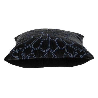 22" Black and Blue Floral Cotton Throw Pillow with Embroidery and Applique