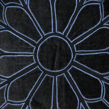 22" Black and Blue Floral Cotton Throw Pillow with Embroidery and Applique