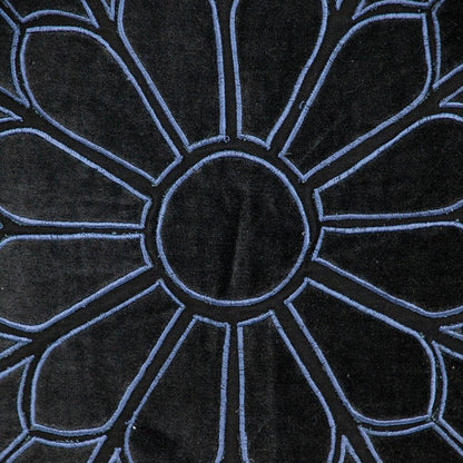22" Black and Blue Floral Cotton Throw Pillow with Embroidery and Applique