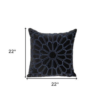 22" Black and Blue Floral Cotton Throw Pillow with Embroidery and Applique