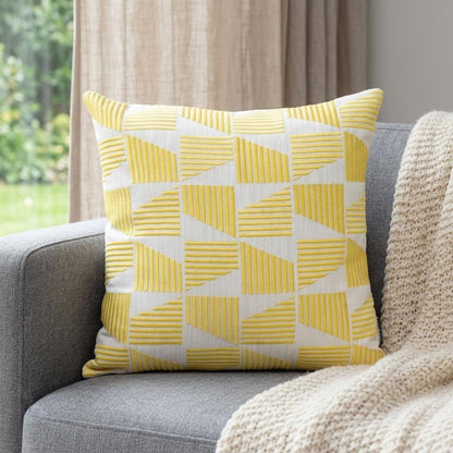 18" Yellow and White Geometric Cotton Throw Pillow With Embroidery