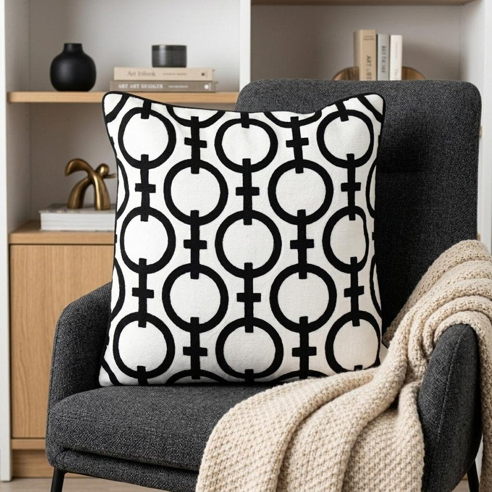 20" Black and White Geometric Cotton Throw Pillow