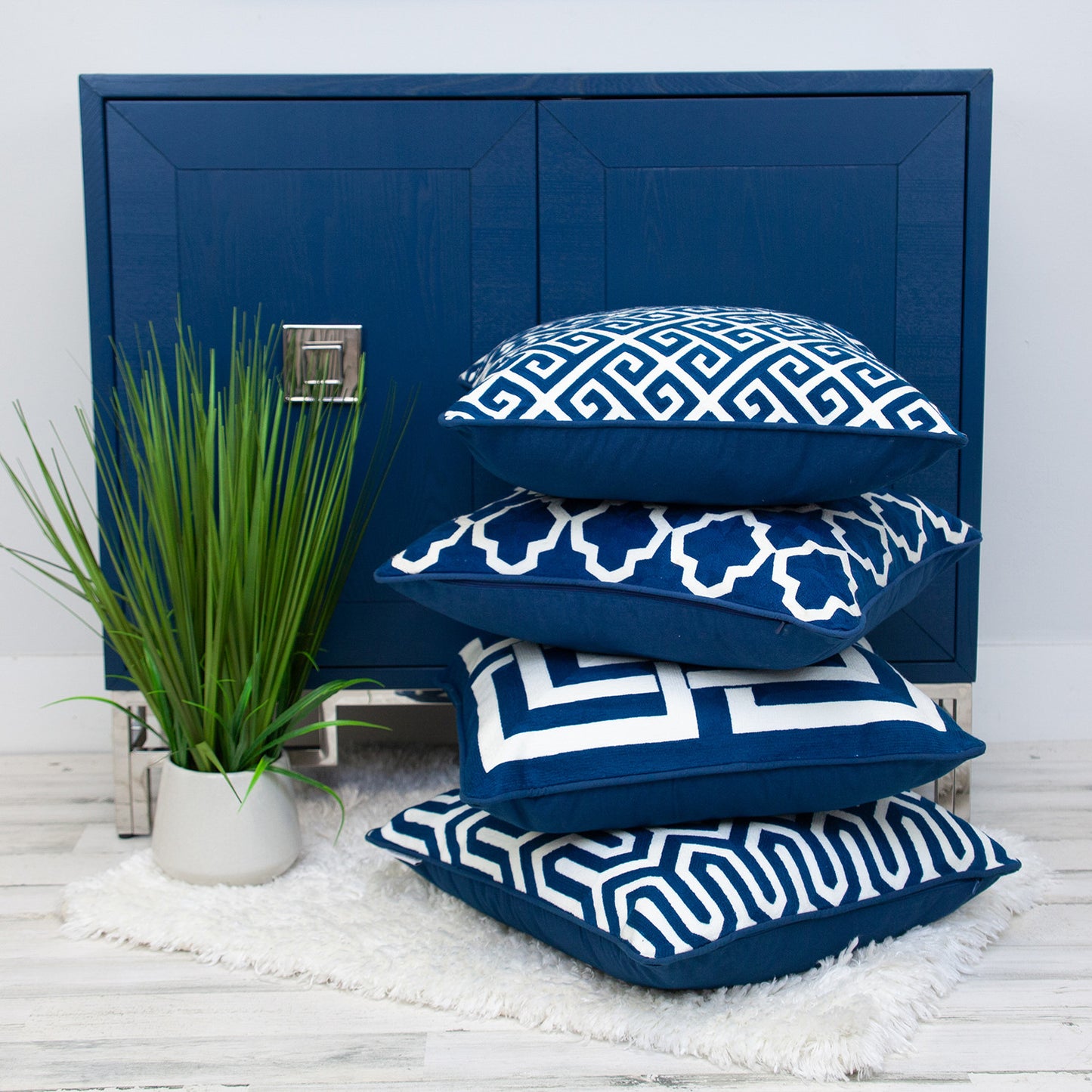 20" Blue and White Geometric Cotton Throw Pillow