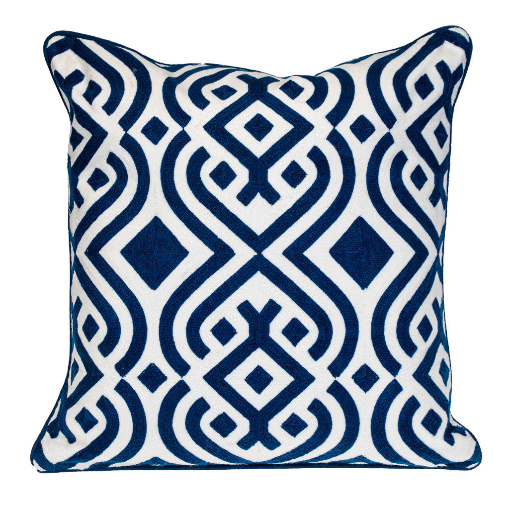 20" Blue and White Geometric Cotton Throw Pillow