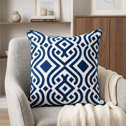 20" Blue and White Geometric Cotton Throw Pillow