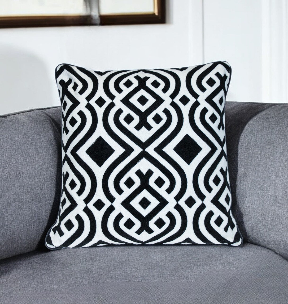 20" Black and White Geometric Cotton Throw Pillow