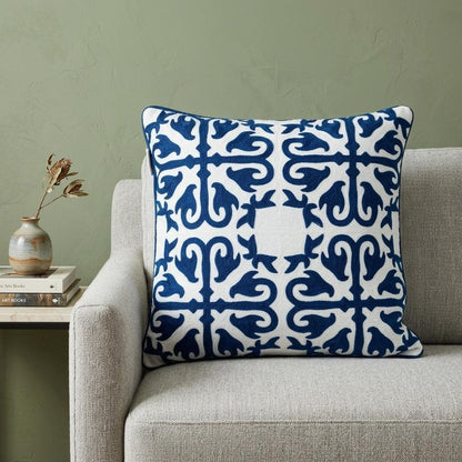 20" Blue and White Geometric Cotton Throw Pillow