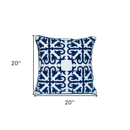 20" Blue and White Geometric Cotton Throw Pillow