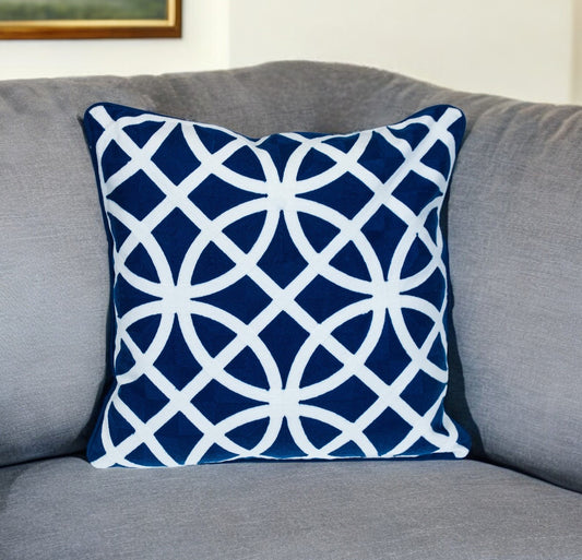 20" Blue and White Geometric Cotton Throw Pillow