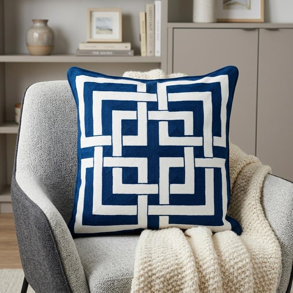 20" Blue and White Interlocking Cotton Throw Pillow