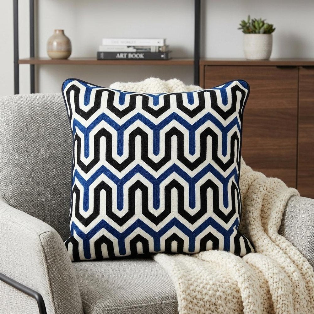 20" X 20" Blue and White Geometric Cotton Zippered Pillow