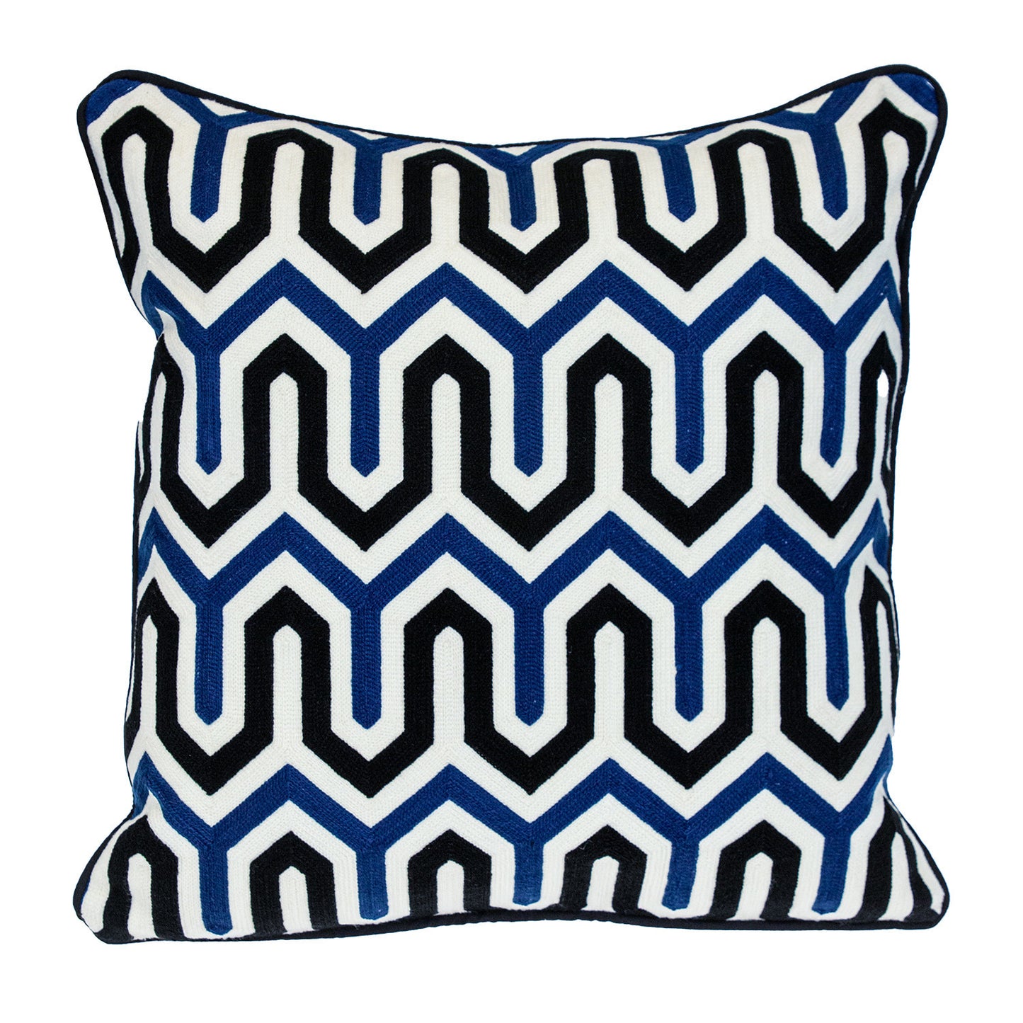 20" X 20" Blue and White Geometric Cotton Zippered Pillow