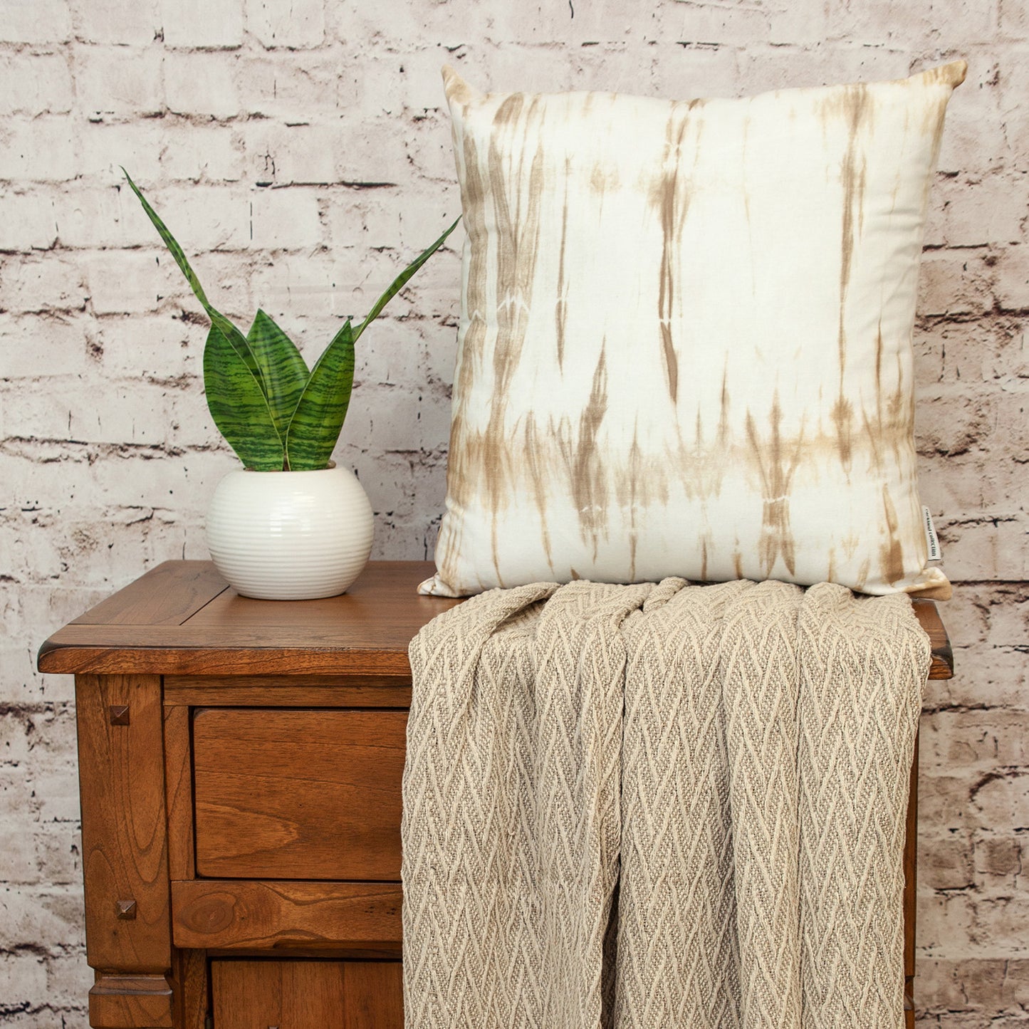 20" Brown and White Striped Cotton Throw Pillow