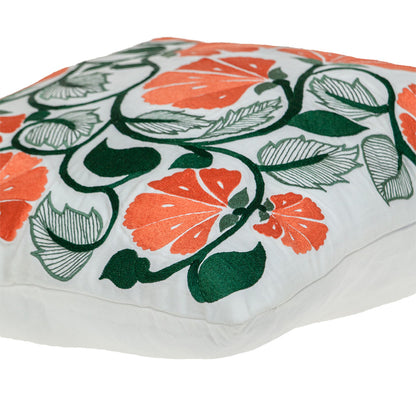 22" Orange and White Floral Cotton Throw Pillow With Embroidery